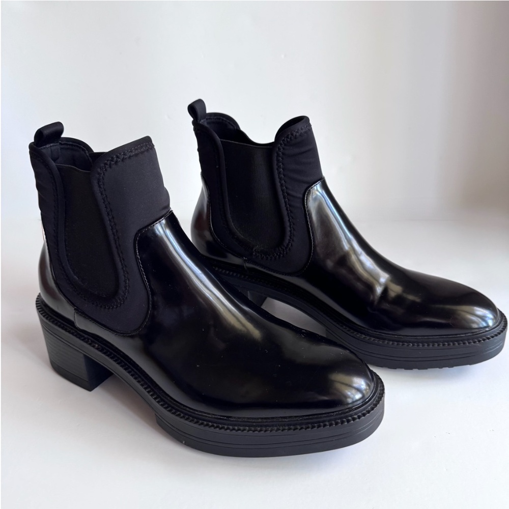 ZARA Chelsea Ankle Boots Chunky Heel Lug Sole Technical Fabric Black Size 39/8.5